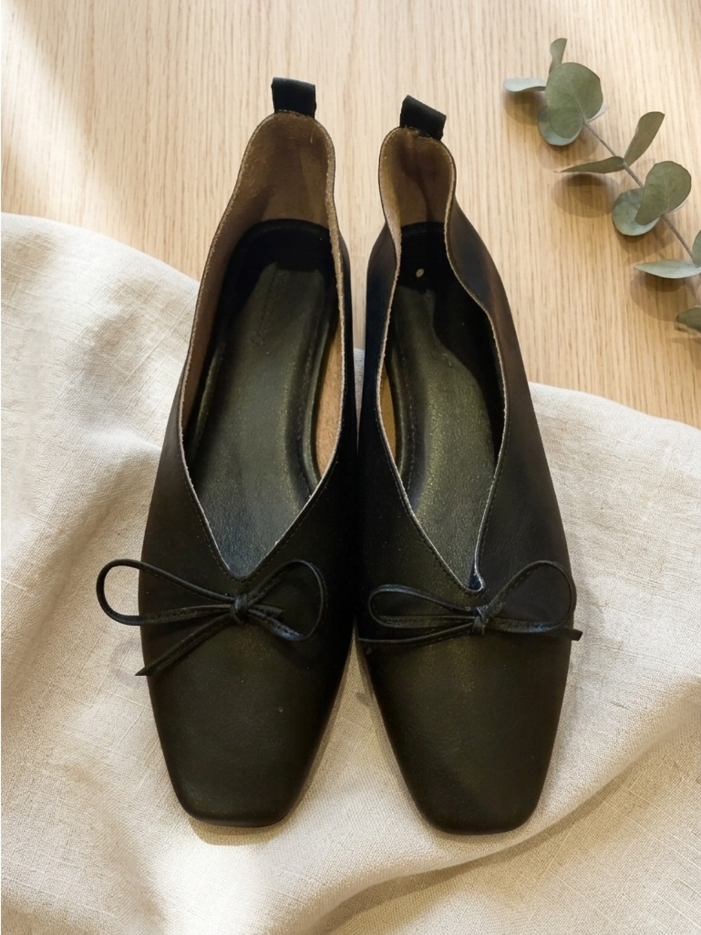 NWOT: Black Women's Square-Toe Ballet Flats with Bow